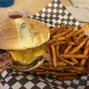 Bigger burger, bacon cheddar, with sweet potato fries