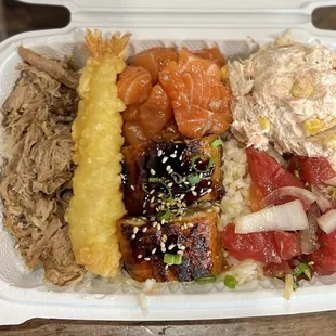 5 choices: kalua pork, salmon poke, unagi, smoked salmon, &amp; ahi poke