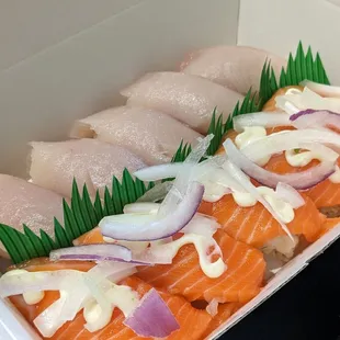 Salmon and hamachi nigiri