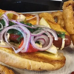 Huge Chicago Dog! They forgot the celery salt, but it was still good. The sausage was very good and pickles were like homemade dills.