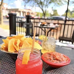 Non-alcoholic margarita, mustache ride, chips and dip