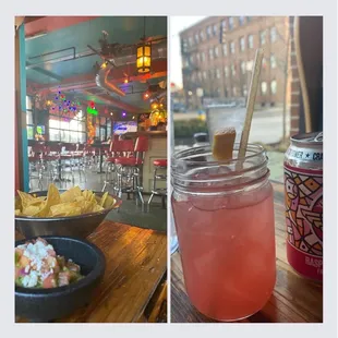 Chips and guacamole and Blood Orange Margarita and Yellow Springs Brewery fruit beer.