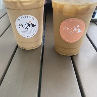 Left is an iced Mexican sidecar and right is an iced pandan + brown sugar latte with oat milk and decaf