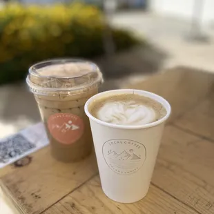 Cookie butter iced latte and pandan + plum sugar latte