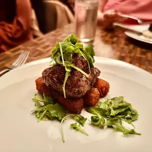 Beef Grilled Grass Fed Tenderloin Filet with Panko Crusted Tator Tots , House Ketchup