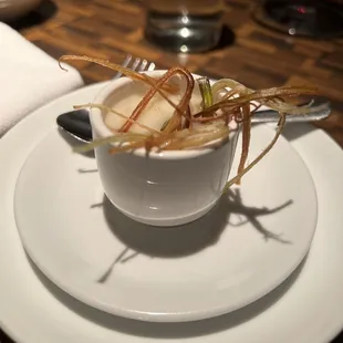 Complimentary soup...garlic and butter nut squash with fried leek strips