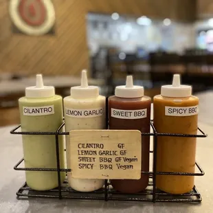 Sauces for the table! The Cilantro and Lemon Garlic were my favorites and the Spicy BBQ was my favorite for the pulled pork