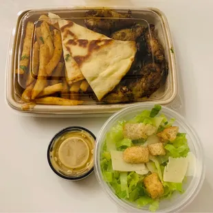 Plate with 1 side: wings, fries, and Cesar salad