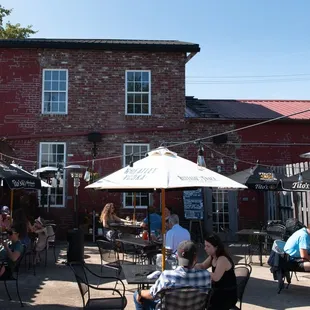 a group of people sitting outside a restaurant