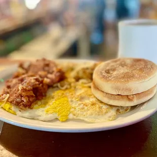Two Eggs, Corned Beef Hash, Hash Browns &amp; English Muffin - delicious breakfast!!