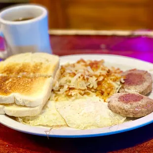 Two Eggs, Sausage Patties, Hash Browns, Sourdough Toast and Coffee - fantastic breakfast!!