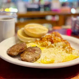 Two Eggs, Sausage Patties, Hash Browns &amp; English Muffin - delicious breakfast!!