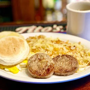 Two Eggs, Sausage Patties, Hash Browns, English Muffin and Coffee - fantastic breakfast!!