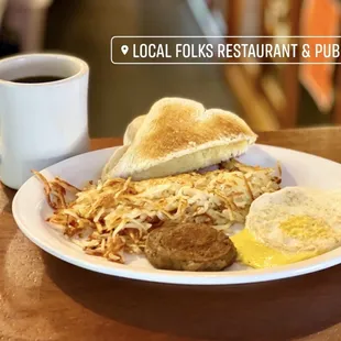 The Early Bird with Hash Browns, Sourdough Toast &amp; Coffee