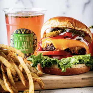 Oh boy vegan cheeseburger.  Rosemary air fries.  Strawberry-Mint lemonade.