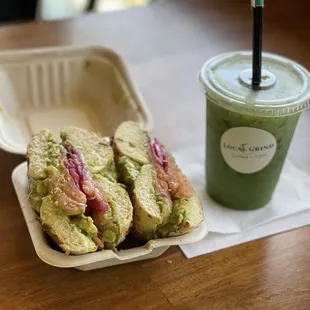 Onion bagel with lox and avocado--- absolutely perfect-- and iced matcha latte