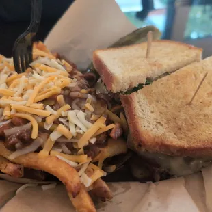 Chili cheese fries and the Cliff Burger (adding produce and sauce)