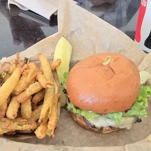 Burger and pickle fries