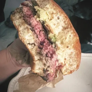 California Burger no lettuce, tomato, onion.  **when ordering may want to request it fully cooked**