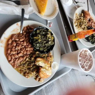 Crawdads over rice, pinto beans, greens and sugar pie with a sweet tea