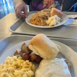 Country fried chicken, potatoes, Mac and cheese