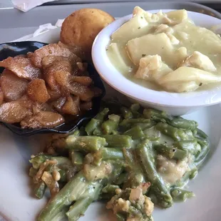 Chicken dumplings  Green bean casserole  Baked apples