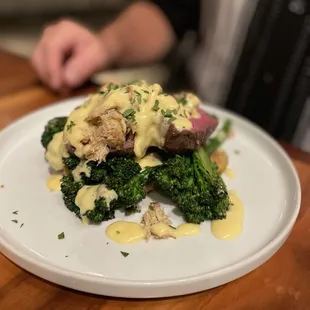 NY Strip Steak with lump crabmeat on top
