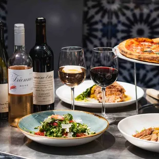 a table of food and wine