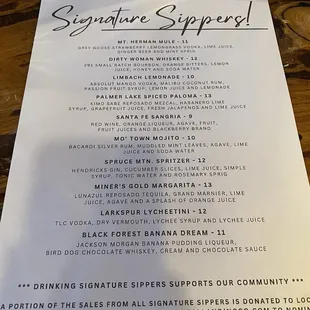 Signature sippers menu