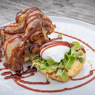 Chicken &amp; the Egg - Hand Breaded Chicken Tenders, White Cheddar, Poached Egg, Microgreens, Chipotle Cheerwine Sauce, Buttermilk Biscuit