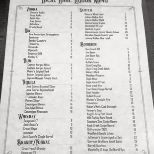 a menu for a local liquor bar