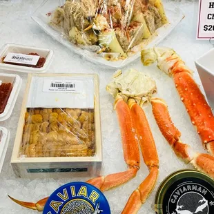 a variety of seafood items on ice