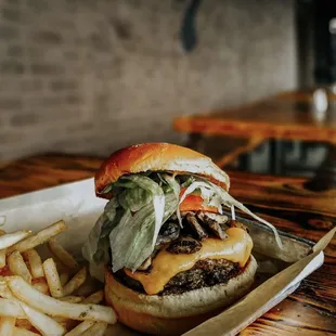 a cheeseburger and french fries