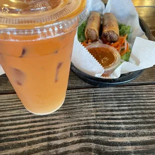 Thai tea and fried egg rolls