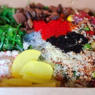 a variety of food in a box