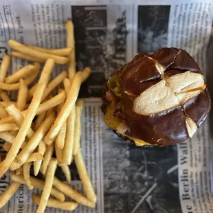 Burger on pretzel roll