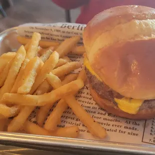 Kids cheeseburger with bacon and fries