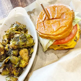 Burger and brussel sprouts