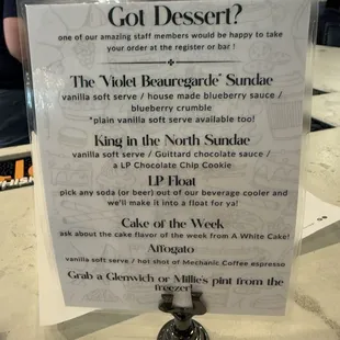 Dessert menu