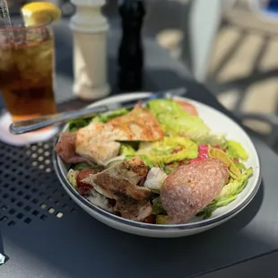 Antipasto salad with added grilled chicken