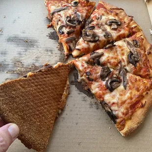 Their pizza has suffered with the new crust. A pre made crust (see the bottom) dusted with corn meal.