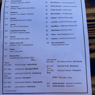 Drink Menu as of Sept. 2024