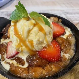 Homemade Croissant Bread Pudding with vanilla ice cream.