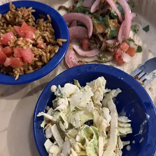 Brisket taco, rice, coleslaw