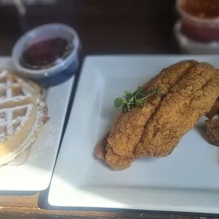 Fried fish (swai), breakfast potatoes, waffle. Seasoned very well