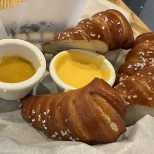 Mia's Pretzel Bites  A basket of freshly baked Bavarian pretzels served with queso sauce and honey mustard
