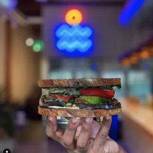 VEGAN ROASTED VEGGIE SANDWICH ON MACRINA SOURDOUGH BREAD