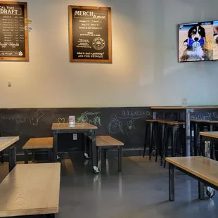 tables and benches in a restaurant