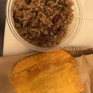 Beef Patty, Rice and Peas with Oxtail Gravy