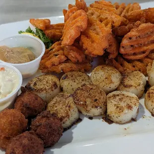Grilled Scallop Dinner with Sweet Potato Fries and Hush Puppies for sides